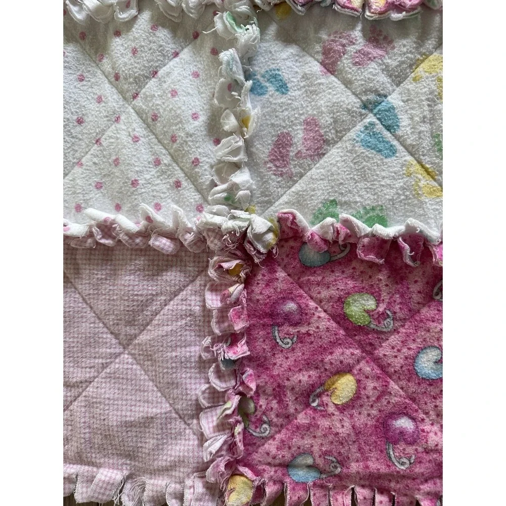 Handmade Baby Rag Quilt Blanket Pink Flannel Patchwork Lovey 35x50